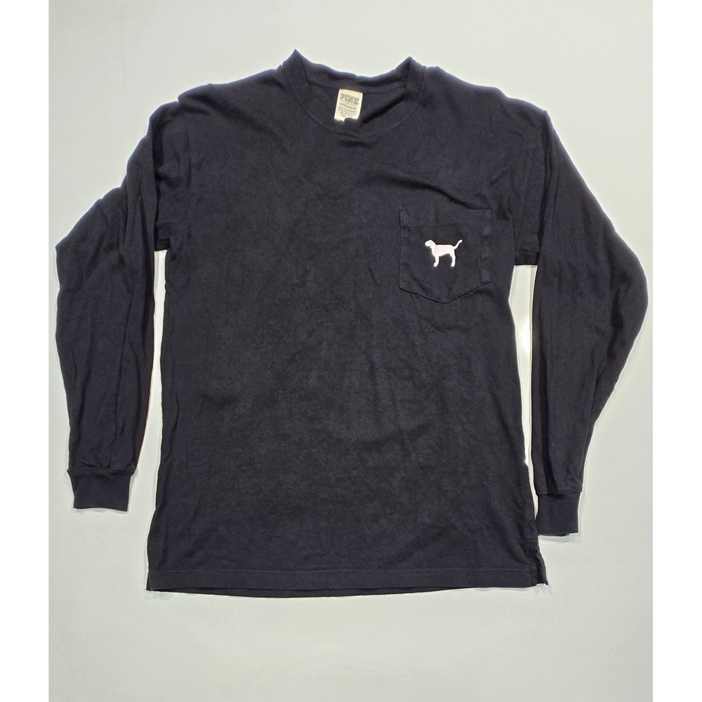 Victoria's Secret PINK XS Black Long Sleeve T-Shirt Dog Logo Pocket‎ Graphic
